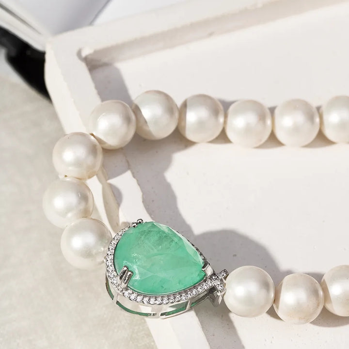 Shell Pearl Colombian Emerald Fusion Necklace 43cm, 925 Sterling Silver