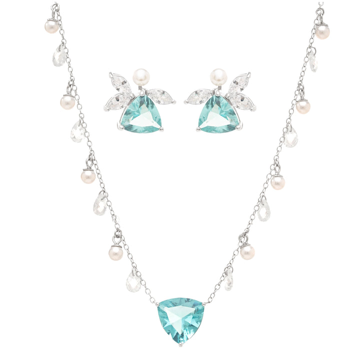 Sky Blue Topaz Crystal & White Zirconia Trillion Earrings & Necklace Set, 925 Sterling Silver
