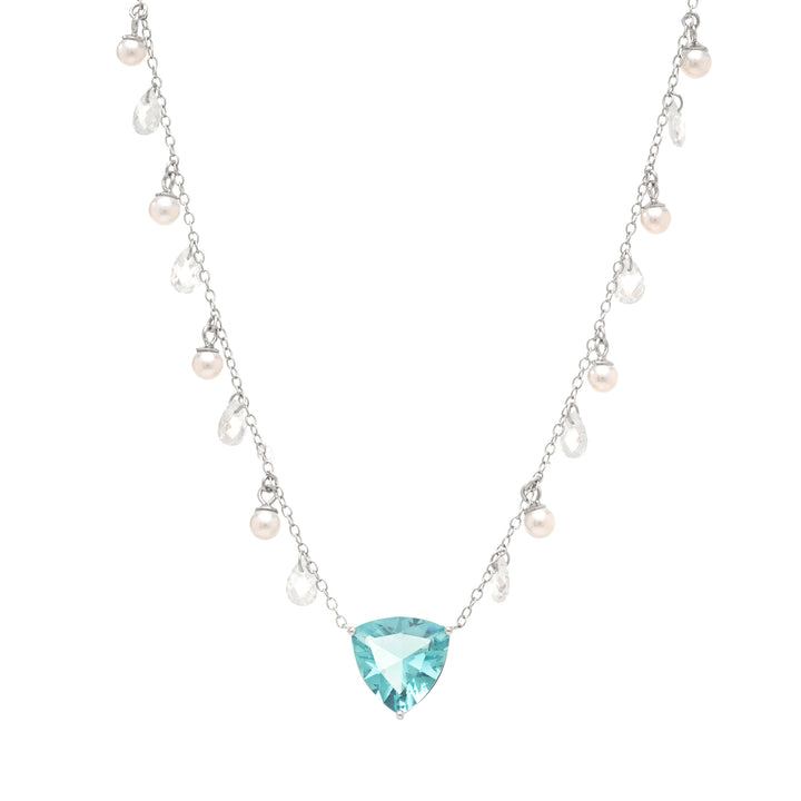 Sky Blue Topaz Crystal & White Zirconia Trillion Necklace, 925 Sterling Silver