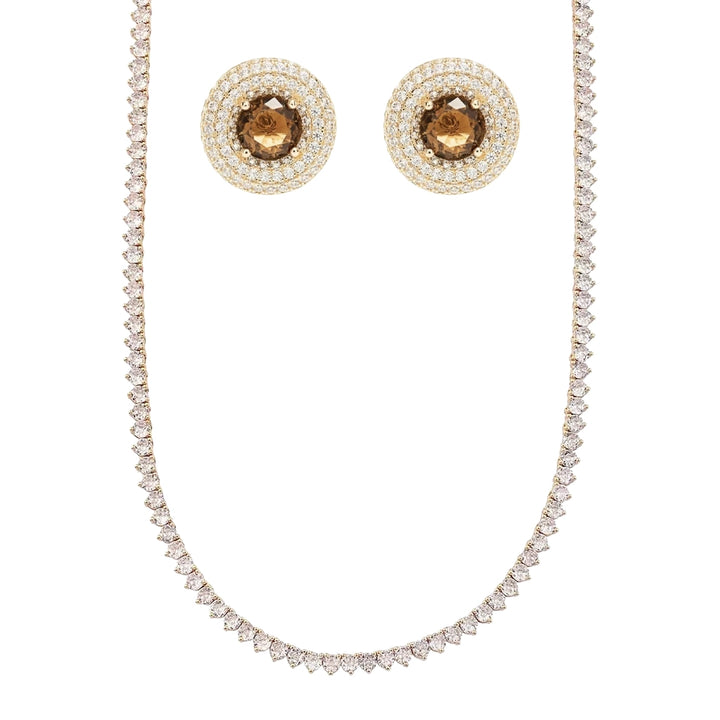 Smoky Topaz & White Zirconia Earrings, Tennis Necklace Set, 18K Gold Filled