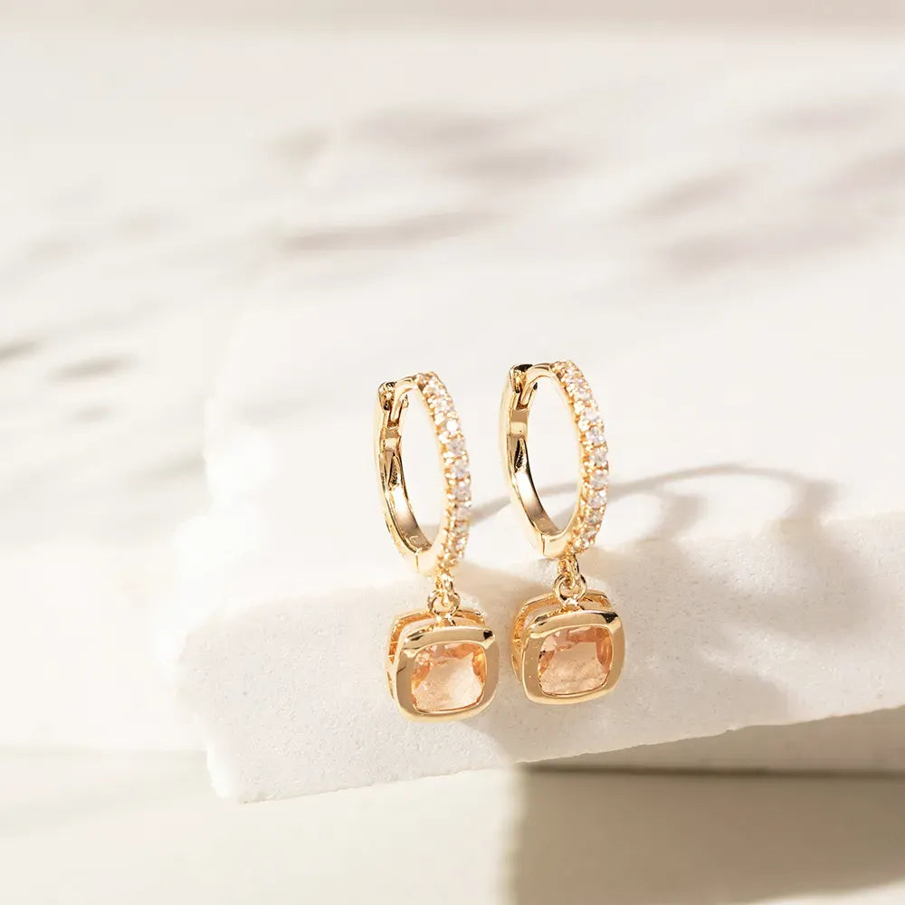 Square Morganite Crystal Hoop Earrings, 18k Gold Filled