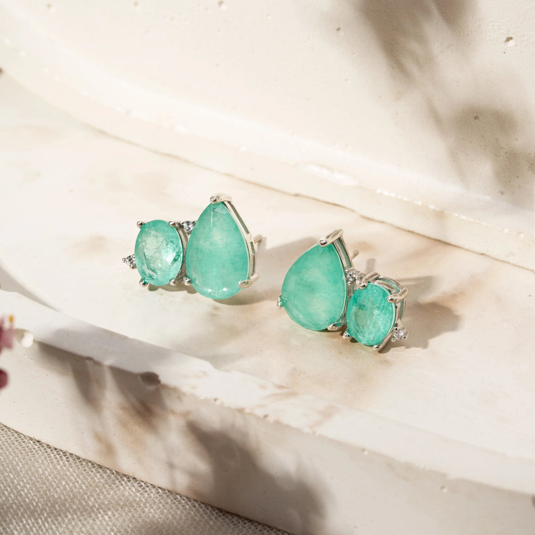 Paraiba Tourmaline Fusion & White Zirconia Geometric Ear Cuff Earrings,925 Sterling Silver