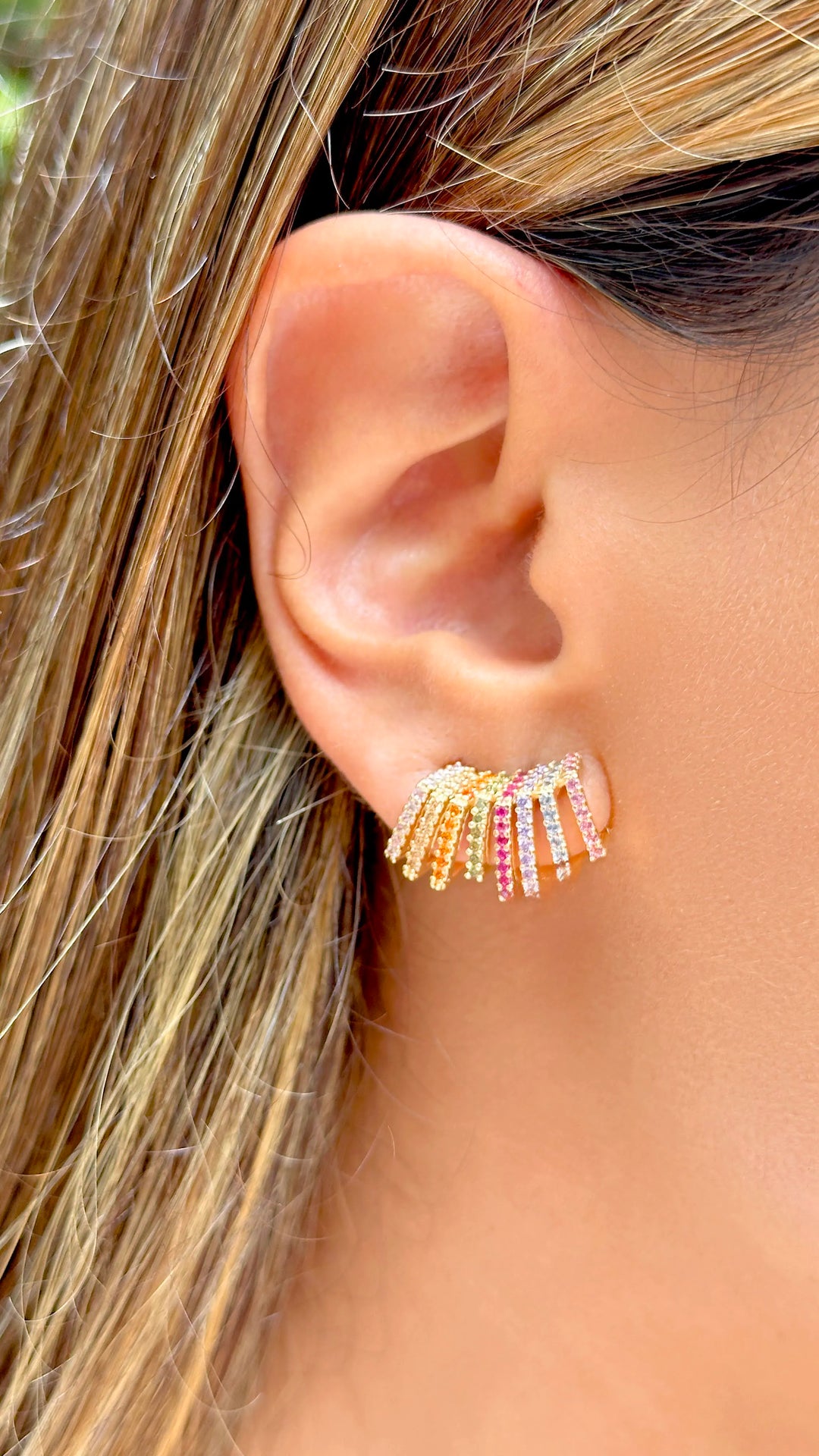 Woman Wears Wave Multicolour Cubic Zirconia Ear Cuff 18k Gold Filled Elladora Store Australia