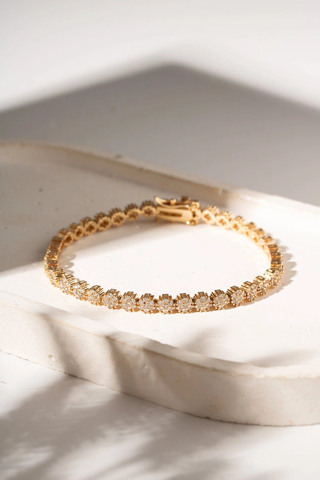 White CZ Floral Riviera Bracelet, 18K Gold Filled