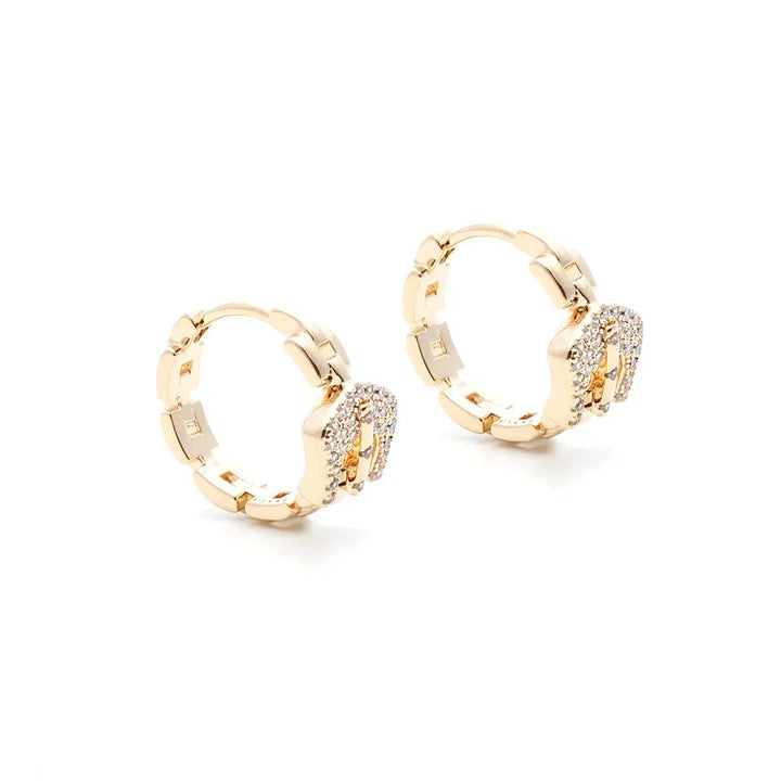 White CZ Link Huggie Earrings, 18k Gold Plated