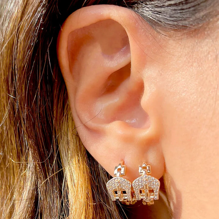 White CZ Link Huggie Earrings, 18k Gold Plated