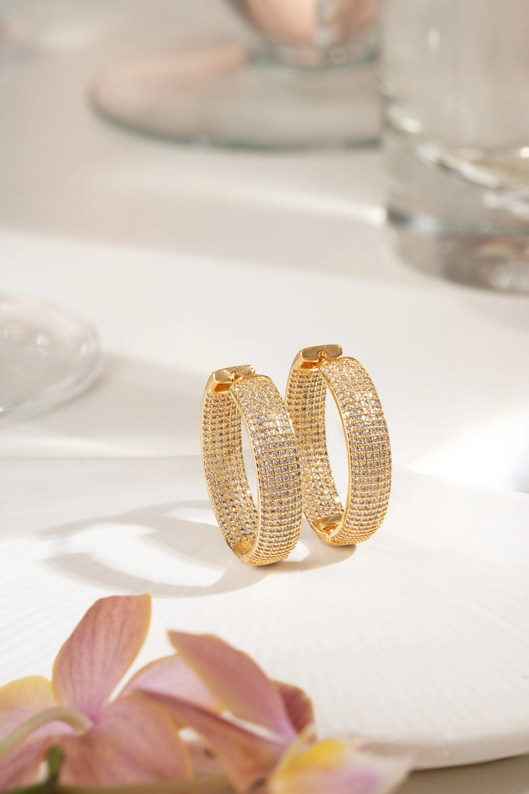 White Cubic Zirconia Hoop Earrings 33mm, 18K Gold Filled