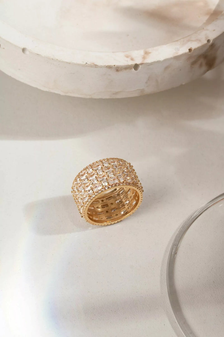 White Cubic Zirconia Rectangular Band Ring, 18k Gold Filled