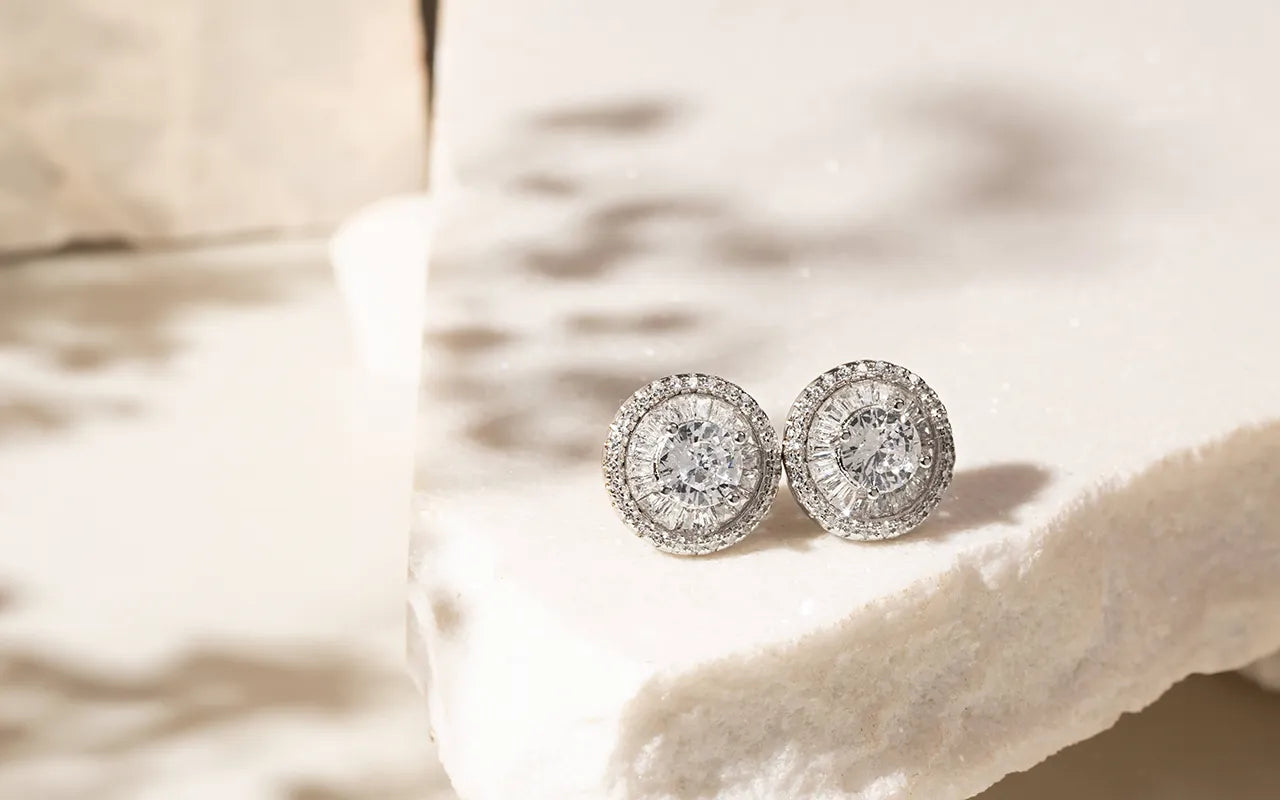 Woman wears Bright Round White Crystal Stud Earrings, 925 Sterling Silver Elladora Store Australia