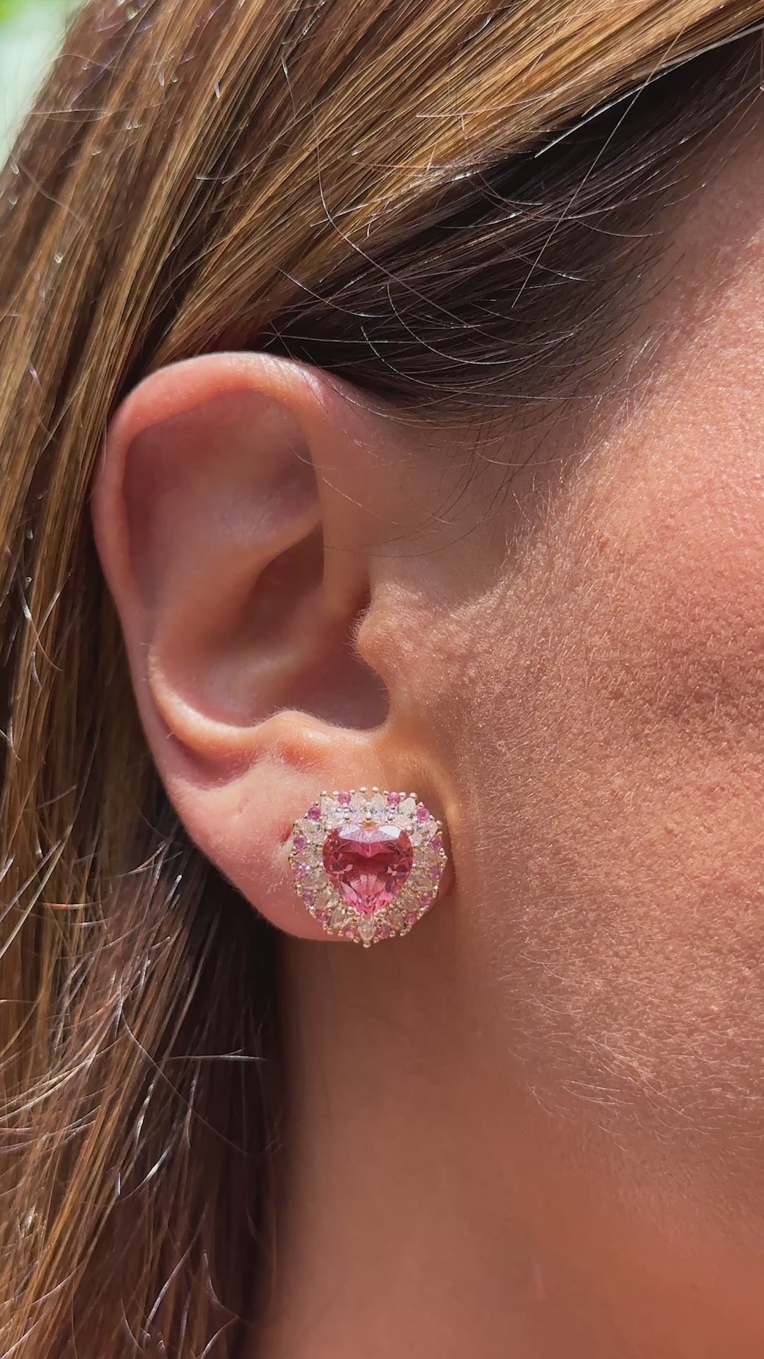 Pink Tourmaline Crystal & White Zirconia Heart Earrings, 18k Gold Filled