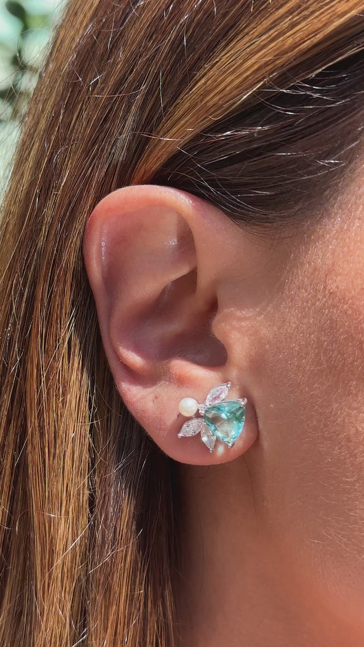 Sky Blue Topaz Crystal & White Zirconia Trillion Earrings, 925 Sterling Silver