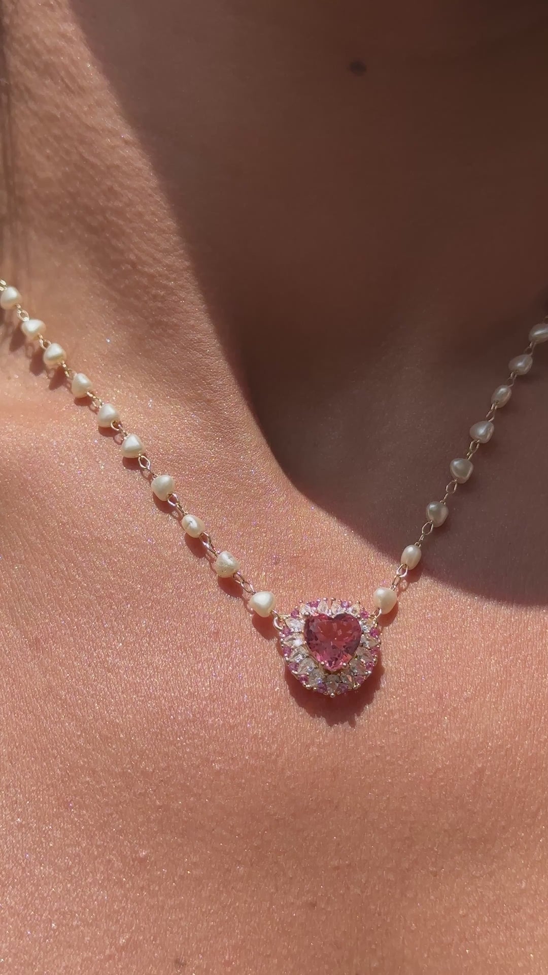 Pink Tourmaline Crystal & Pearl Hearts Necklace, 18k Gold Filled