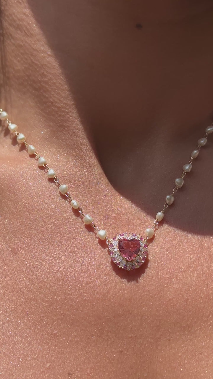 Pink Tourmaline Crystal & Pearl Hearts Necklace, 18k Gold Filled