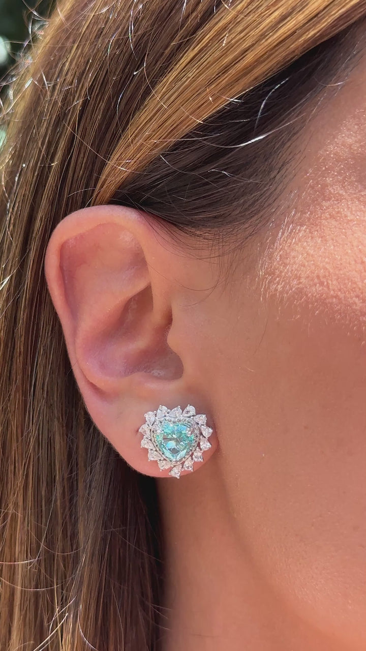 Crushed Ice-Cut Sky Blue Crystal & White Zirconia Heart Earrings, 925 Sterling Silver