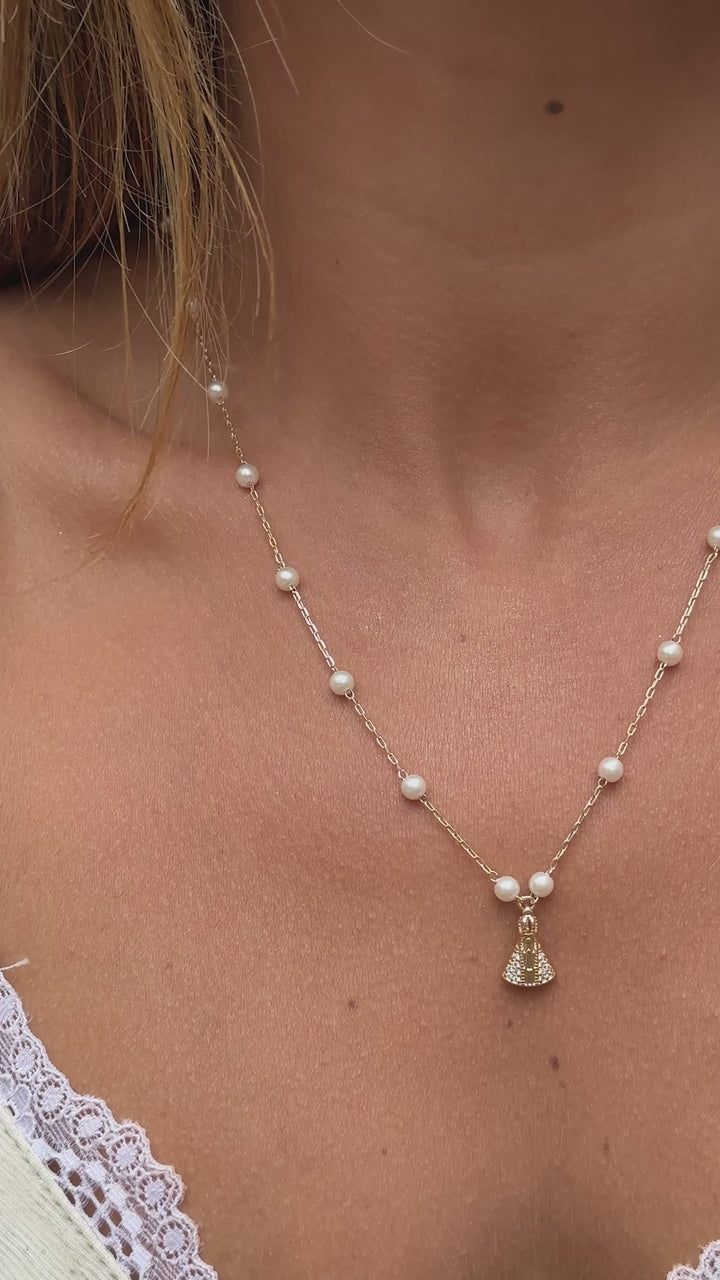 Pearl & White Zirconia Scapular Necklace with Our Lady & Mini Heart Charm, 18k Gold Filled