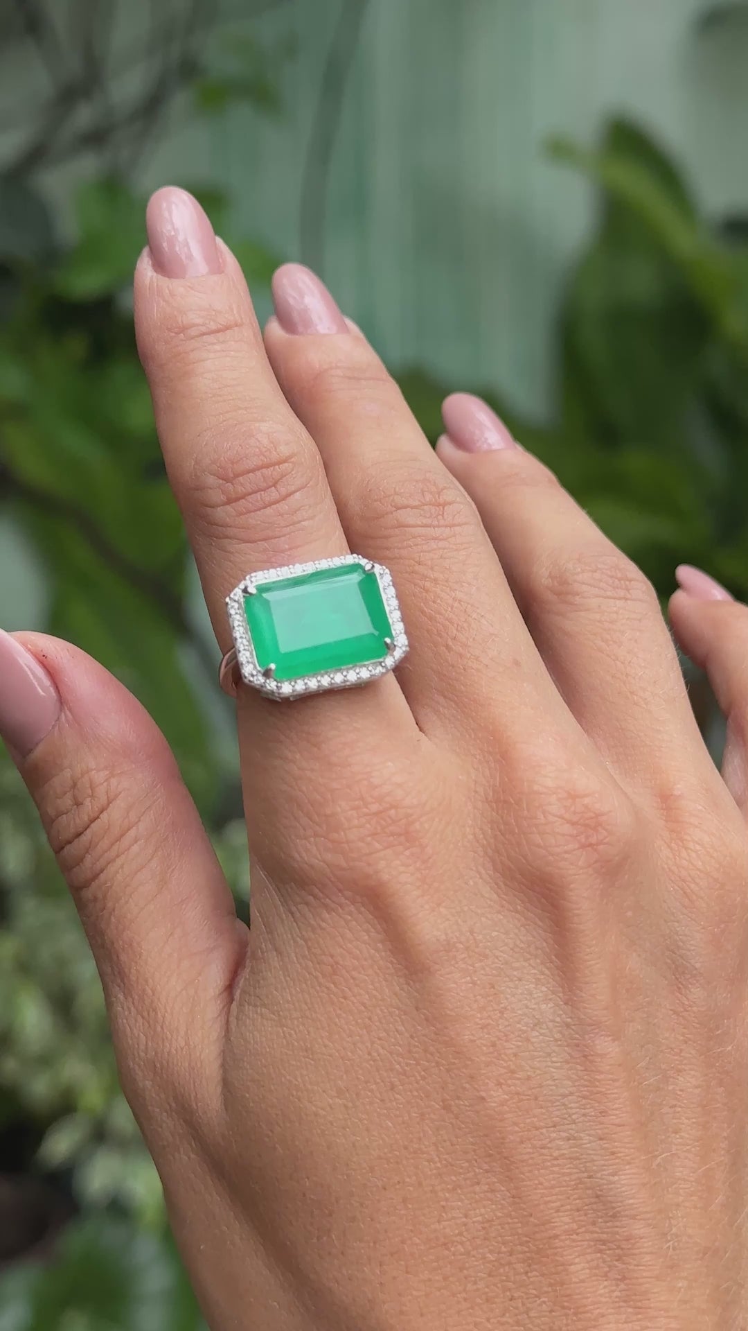 Emerald Fusion Stone & White Zirconia Rectangle Ring, 925 Sterling Silver