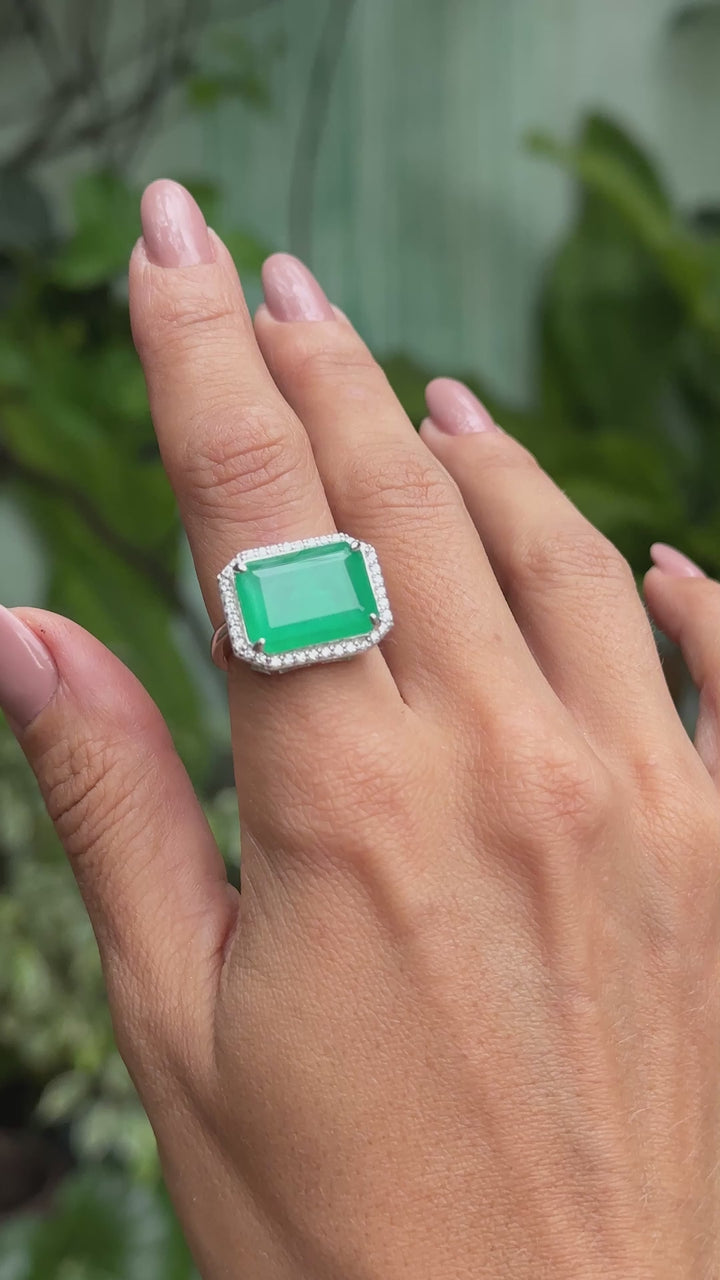 Emerald Fusion Stone & White Zirconia Rectangle Ring, 925 Sterling Silver