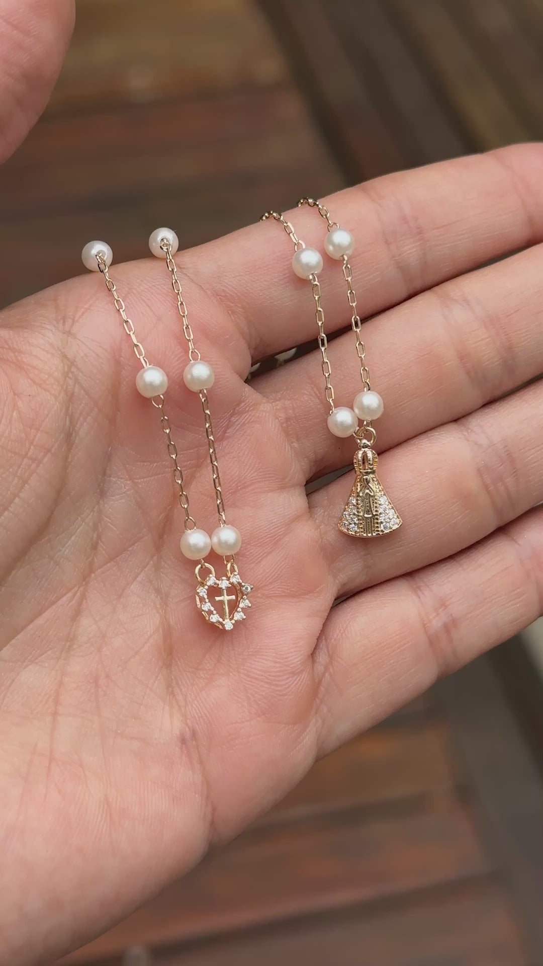 Pearl & White Zirconia Scapular Necklace with Our Lady & Mini Heart Charm, 18k Gold Filled