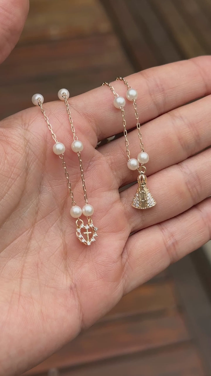 Pearl & White Zirconia Scapular Necklace with Our Lady & Mini Heart Charm, 18k Gold Filled
