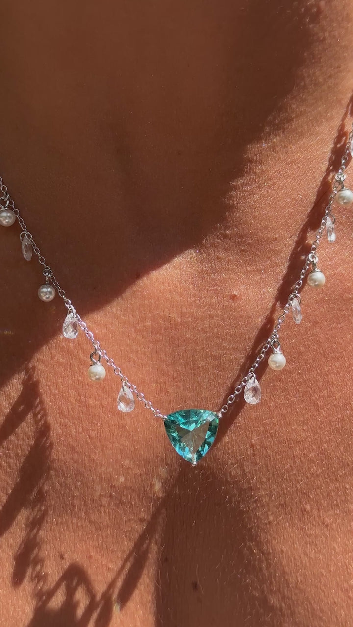 Sky Blue Topaz Crystal & White Zirconia Trillion Necklace, 925 Sterling Silver