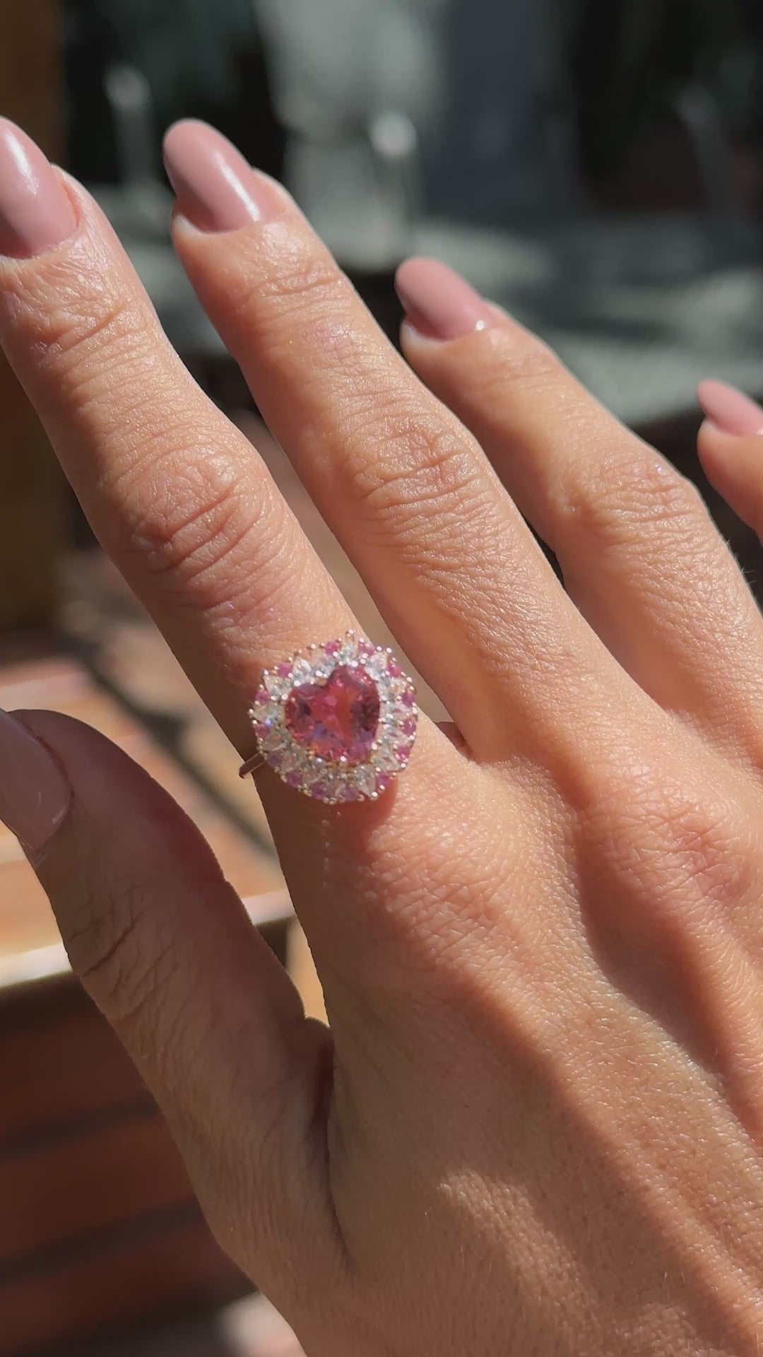 Pink Tourmaline Crystal & White Zirconia Heart Ring, 18k Gold Filled