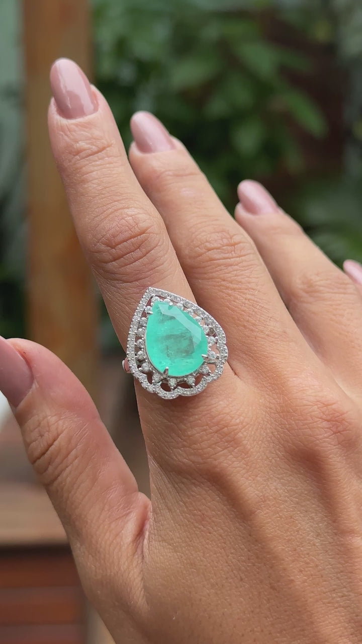 Paraiba Tourmaline Fusion & White Zirconia Pear Ring, Rhodium Plated