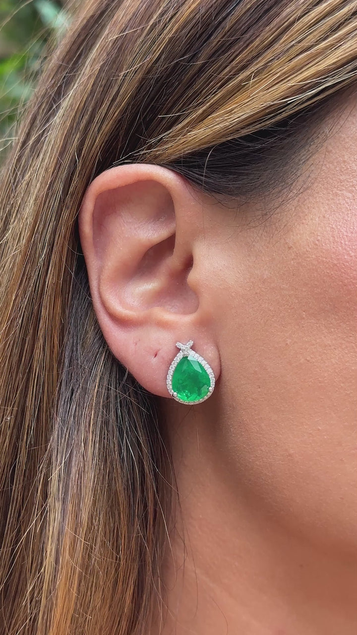 Emerald Fusion & White Zirconia Pear Drop Earrings, 925 Sterling Silver