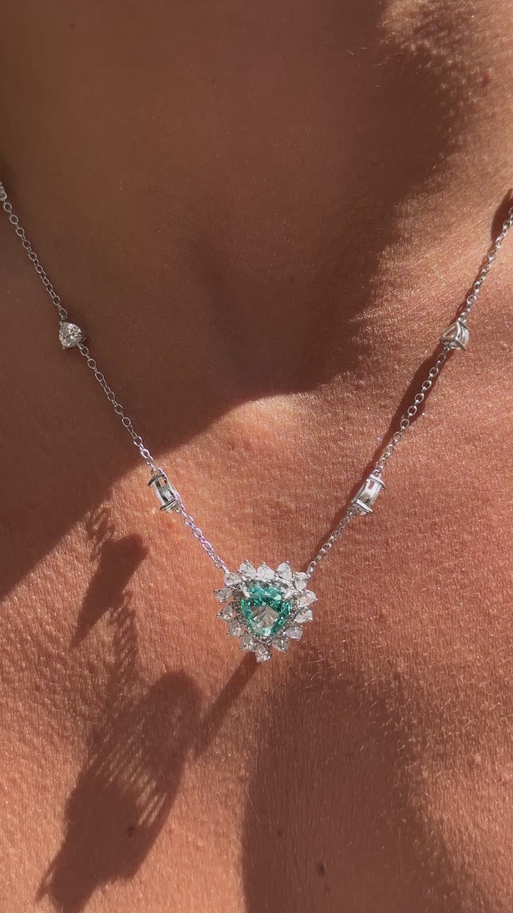 Crushed Ice-Cut Sky Blue Zirconia & White Zirconia Heart Necklace, 925 Sterling Silver
