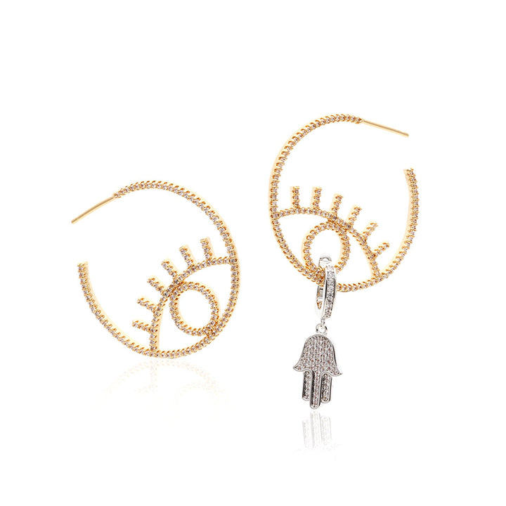 Eye Hoops and Hamsa Hand Pendant Earrings, 18k Gold Filled