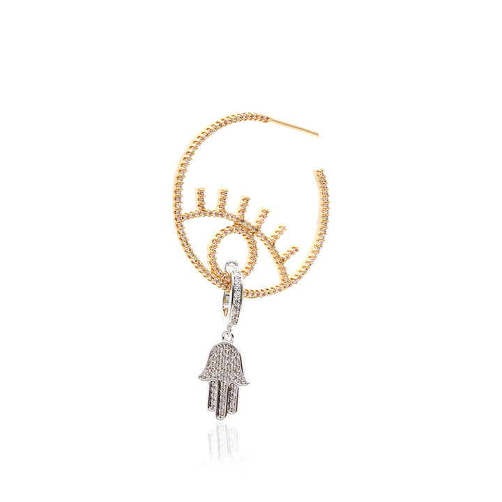 Eye Hoops and Hamsa Hand Pendant Earrings, 18k Gold Filled