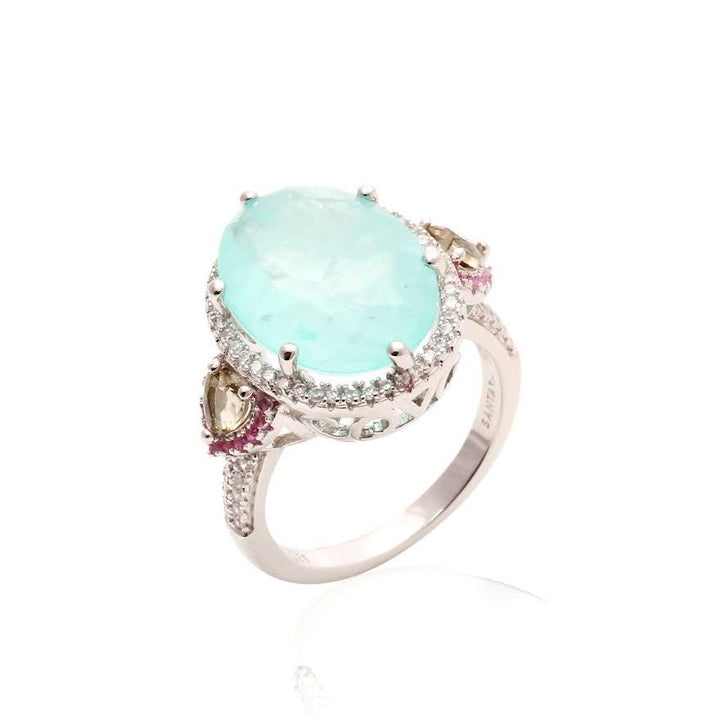Bright Oval Light Blue Tourmaline Fusion Ring, 925 Sterling  Silver