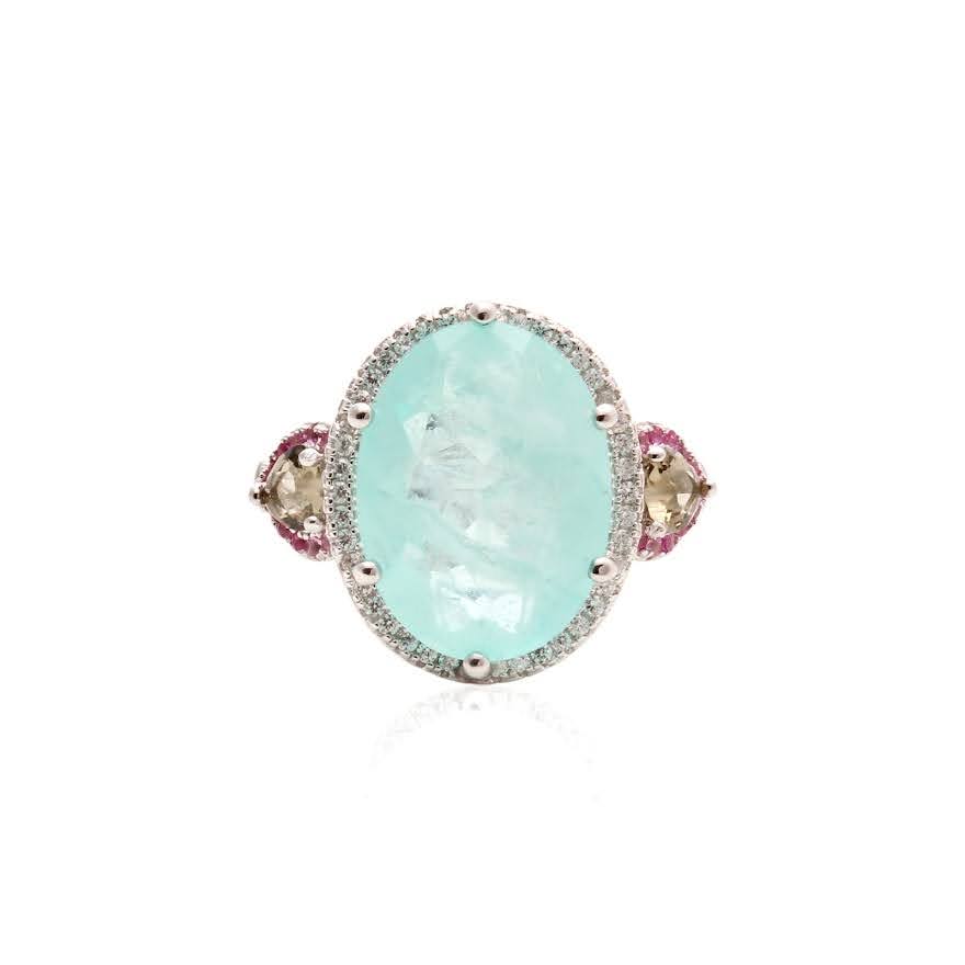 Bright Oval Light Blue Tourmaline Fusion Ring, 925 Sterling  Silver