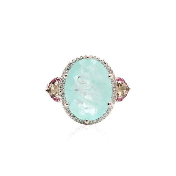 Bright Oval Light Blue Tourmaline Fusion Ring, 925 Sterling  Silver